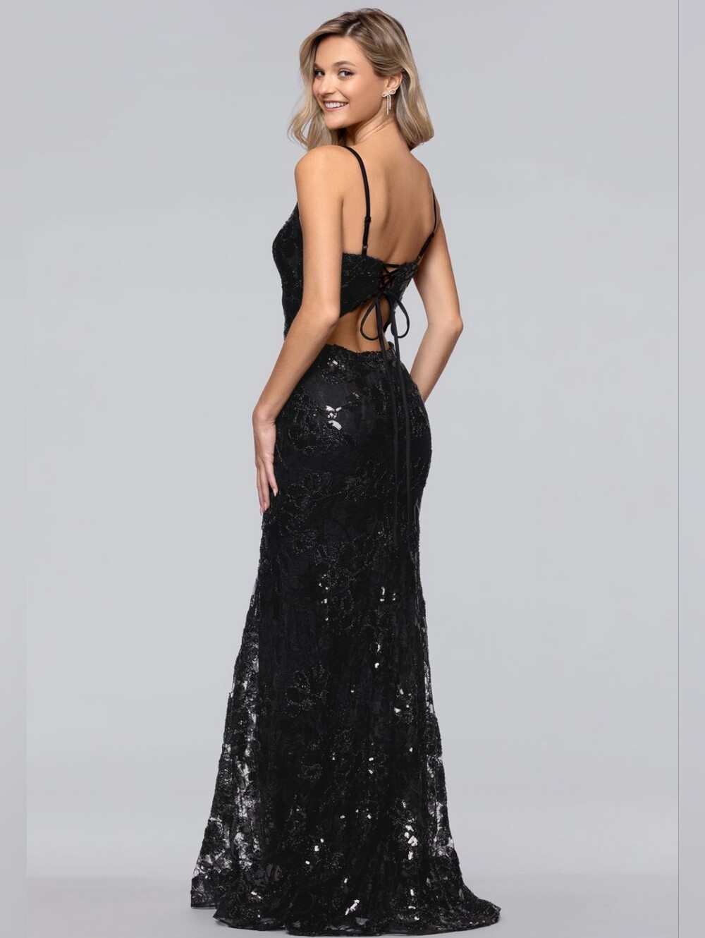 Blondie Nites Black Sequin Lace Backless Evening Prom Gown Size 1